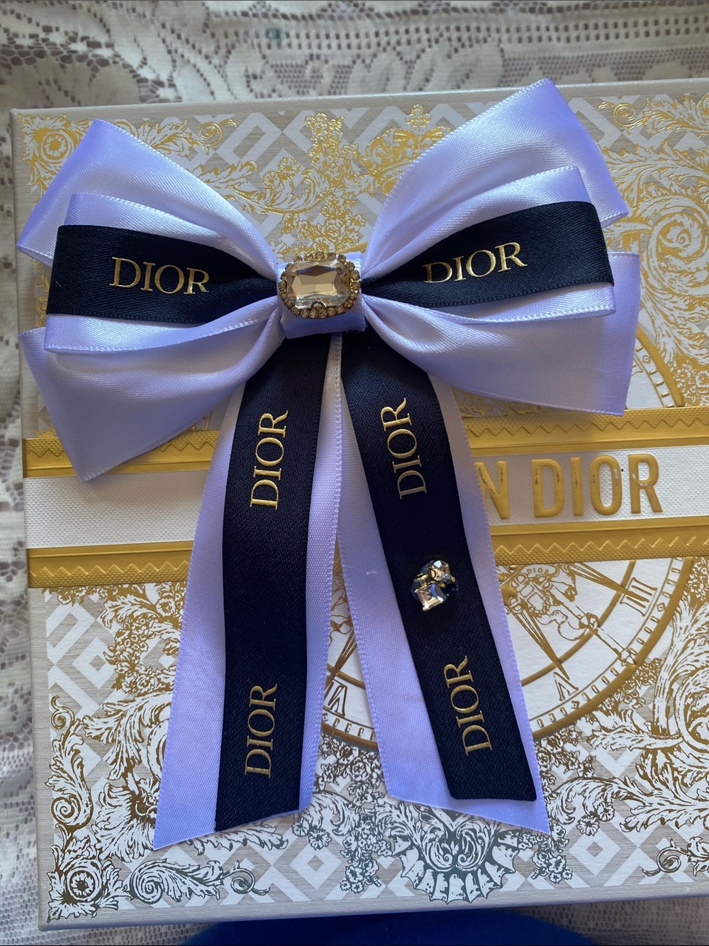 handmade Dior White & Navy Satin Logo Bow with Crystal Accent